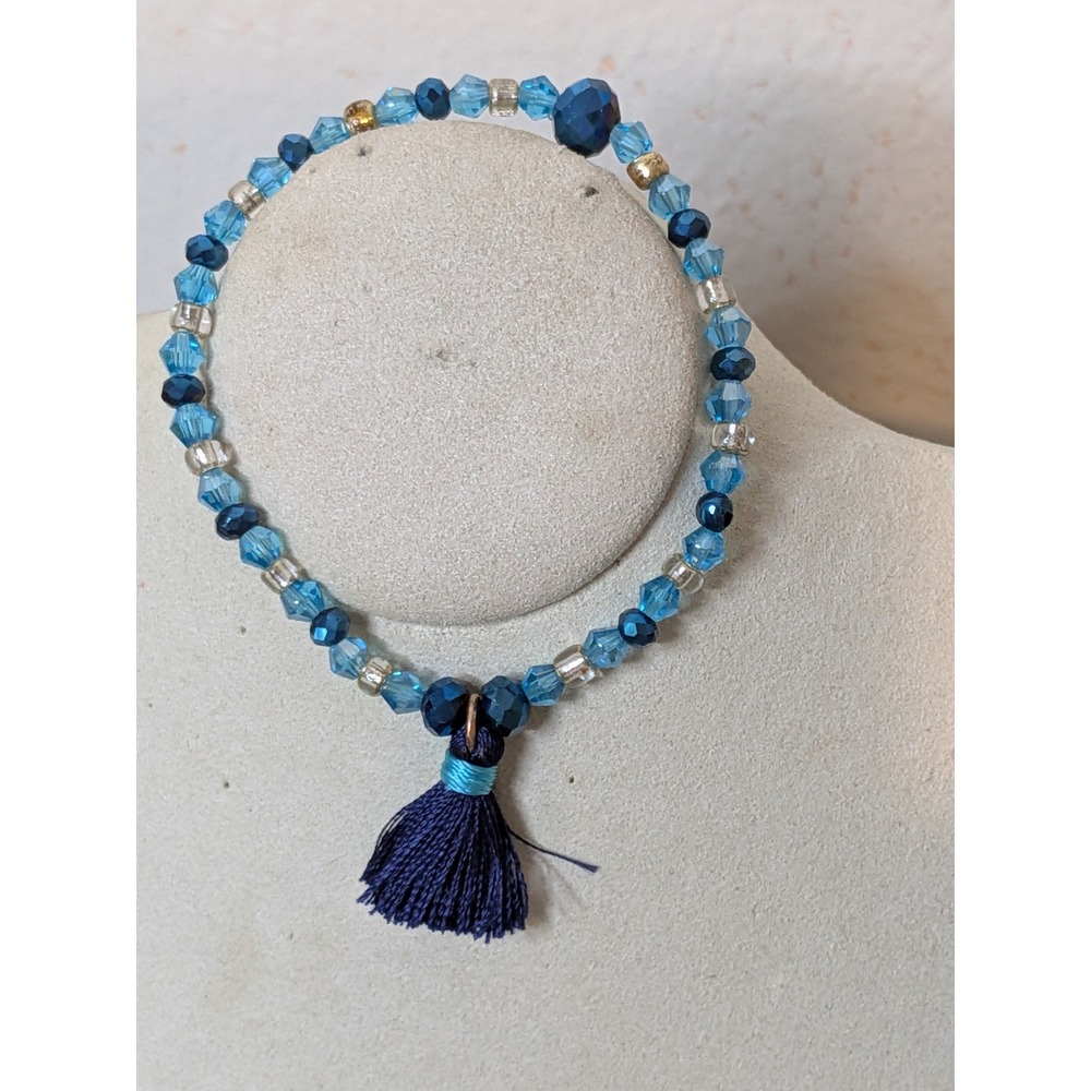 Blue Crystal‎ Beaded Stretch Bracelet with Navy Tassel Charm